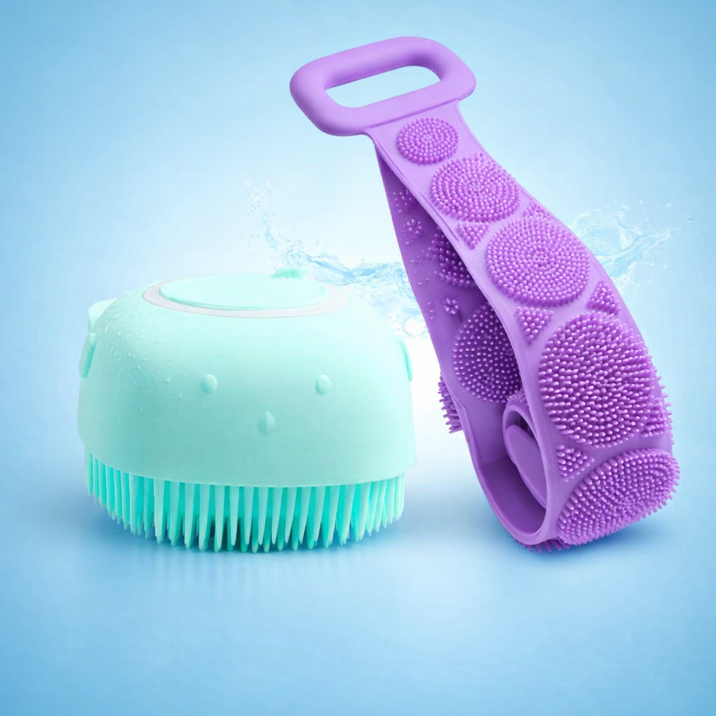 2-in-1 Silicone Body Scrubber & Exfoliating Bath Belt Set | Soft Massage Shower Brush