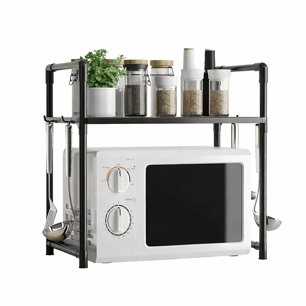 Microwave Oven Storage Rack 2-Tier Kitchen Organizer | Space-Saving Carbon Steel Shelf For Countertop And Utensils | Random Colour