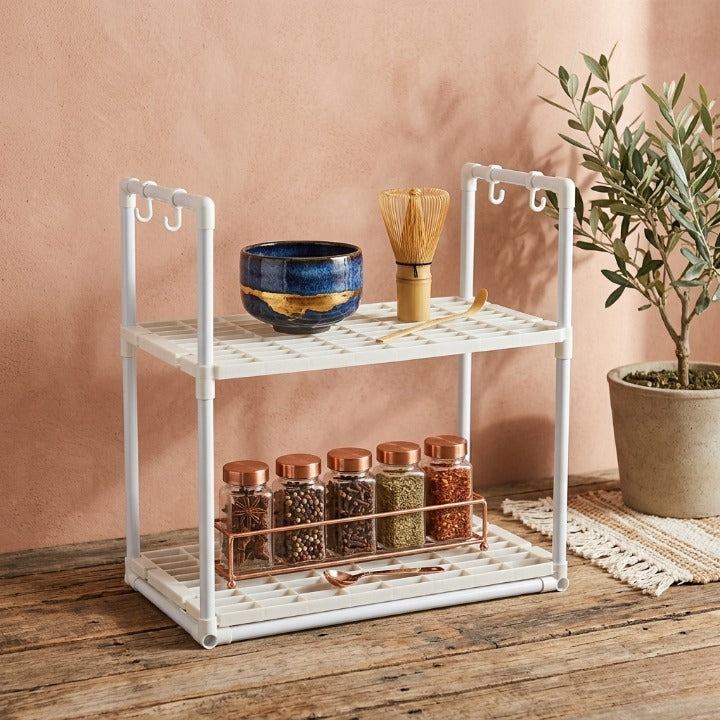 Microwave Oven Storage Rack 2-Tier Kitchen Organizer | Space-Saving Carbon Steel Shelf For Countertop And Utensils | Random Colour