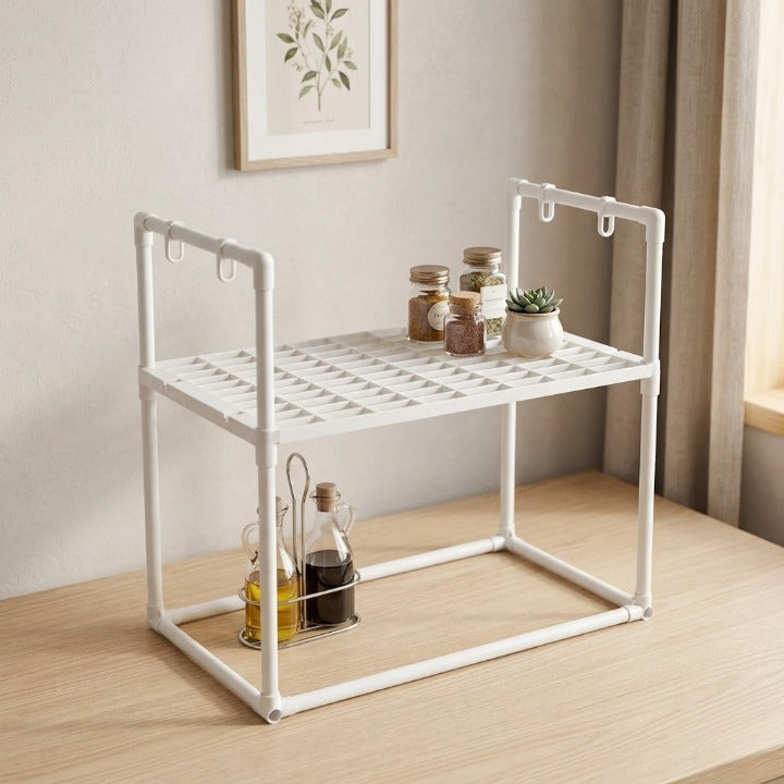 Microwave Oven Storage Rack 2-Tier Kitchen Organizer | Space-Saving Carbon Steel Shelf For Countertop And Utensils | Random Colour