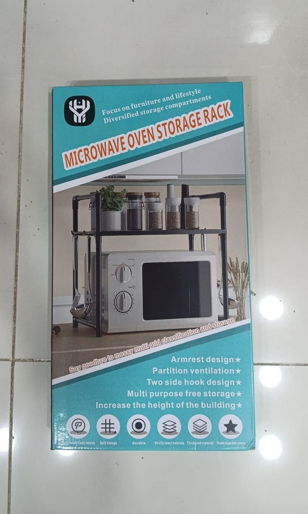 Microwave Oven Storage Rack 2-Tier Kitchen Organizer | Space-Saving Carbon Steel Shelf For Countertop And Utensils | Random Colour
